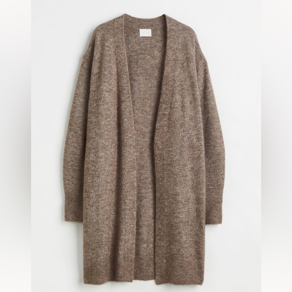H&M Long Cardigan Sweater in Dark Taupe Fine Knit with Wool size XS New